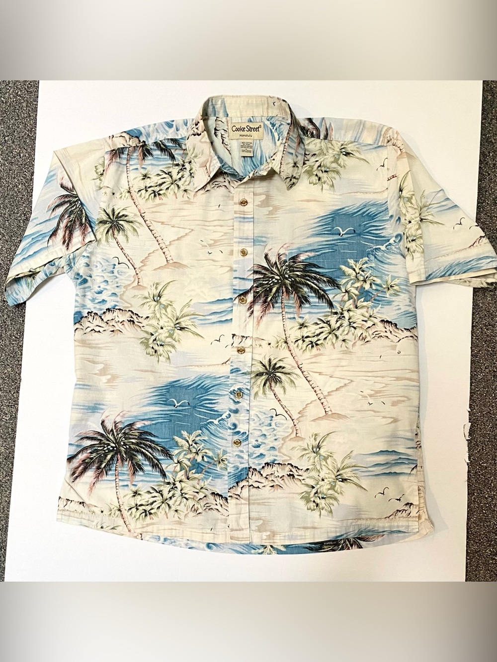 Cooke Street Honolulu Men’s Cream/Blue Tropical Short-Sleeve Button-Down Shirt L